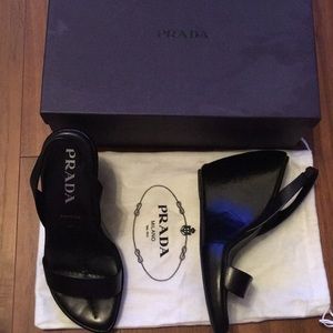 Authentic black leather Prada wedge sandals